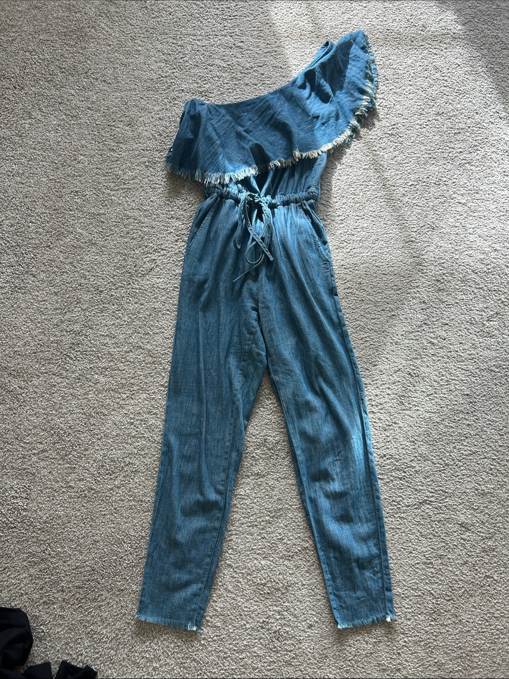 Blank NYC Blue One-Shoulder Denim Jumpsuit with Fringe